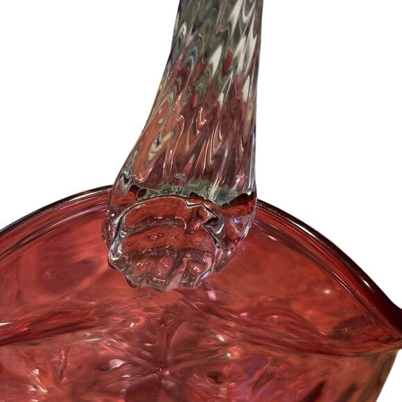 70s Fenton Cranberry Ruffle Glass Basket Clear Applied Handle* (small crack) - Picture 3 of 8